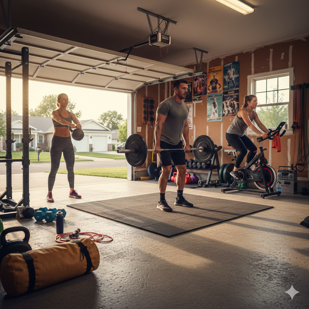 Members training at Sam's Fitness garage gym
